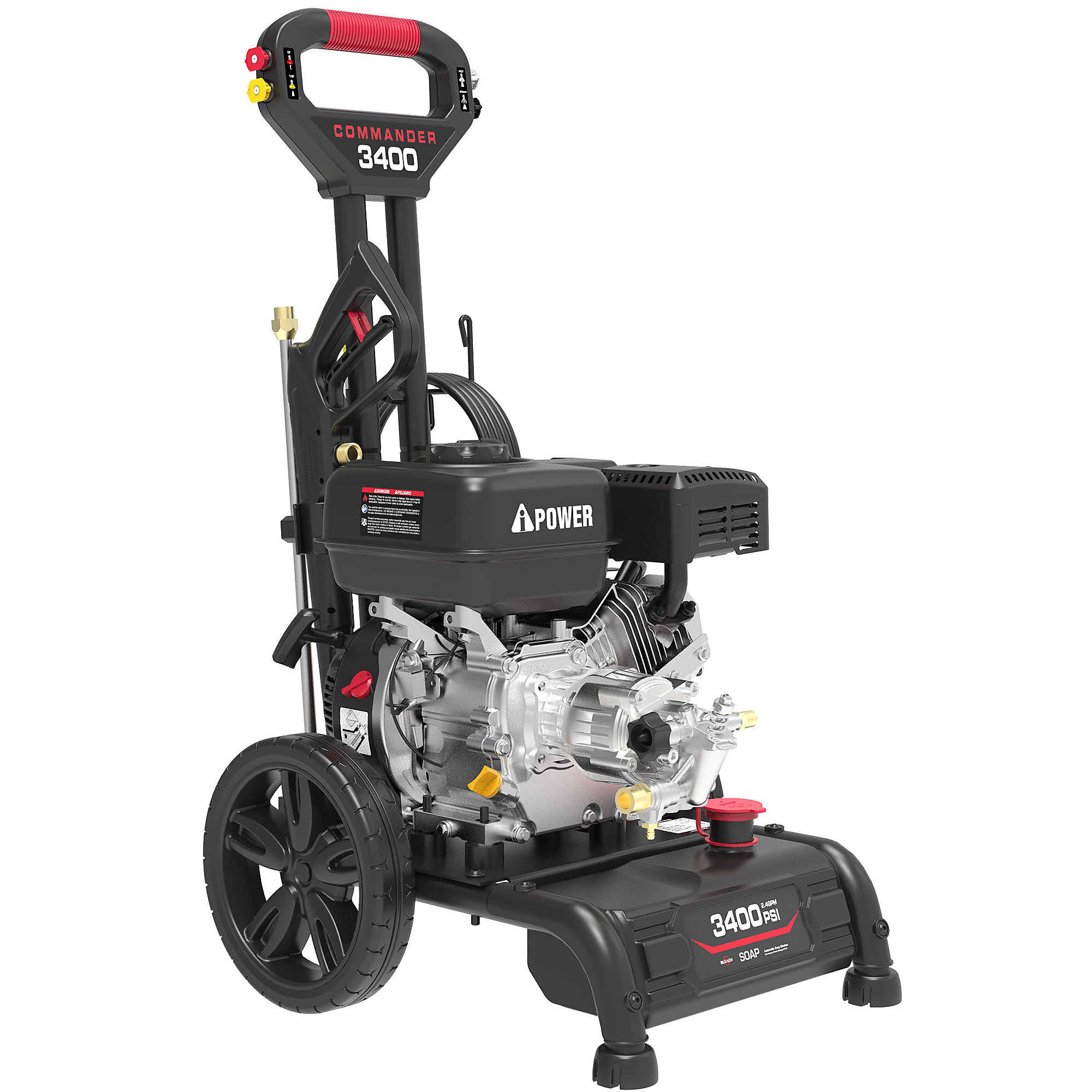 A-iPower 3400PSI 2.4 GPM Single Handle Gas Powered Pressure Washer 10'' Wheel With Onboard Soap Tank, Spray Gun and 4 QC Nozzles, for Fence/Cars/Driveways (C3400)